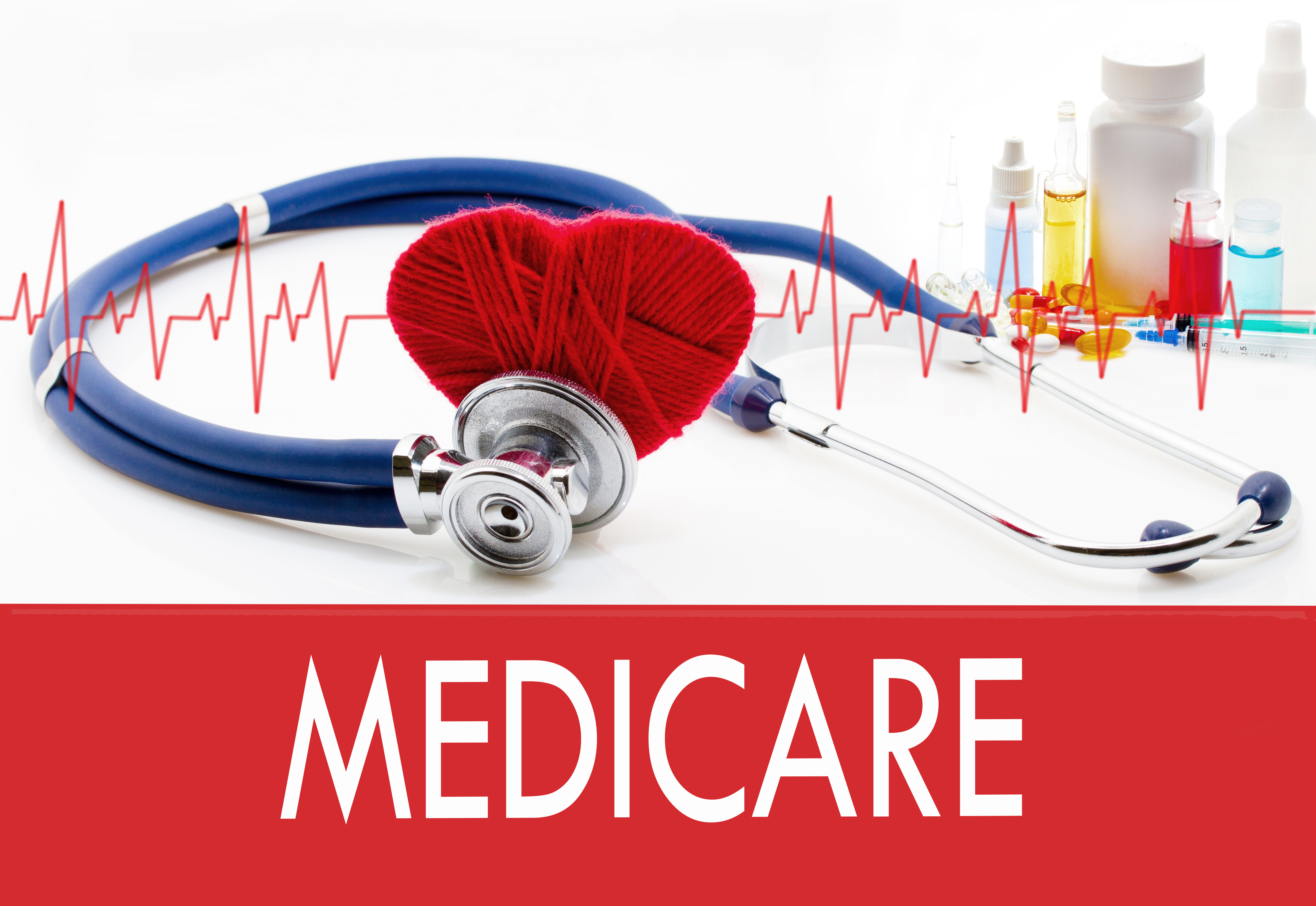 image if stethoscope pressed against a heart form wrapped in red yarn and an EKG heart rhythm going through it. The word "Medicare" in capital letters at the bottom of picture